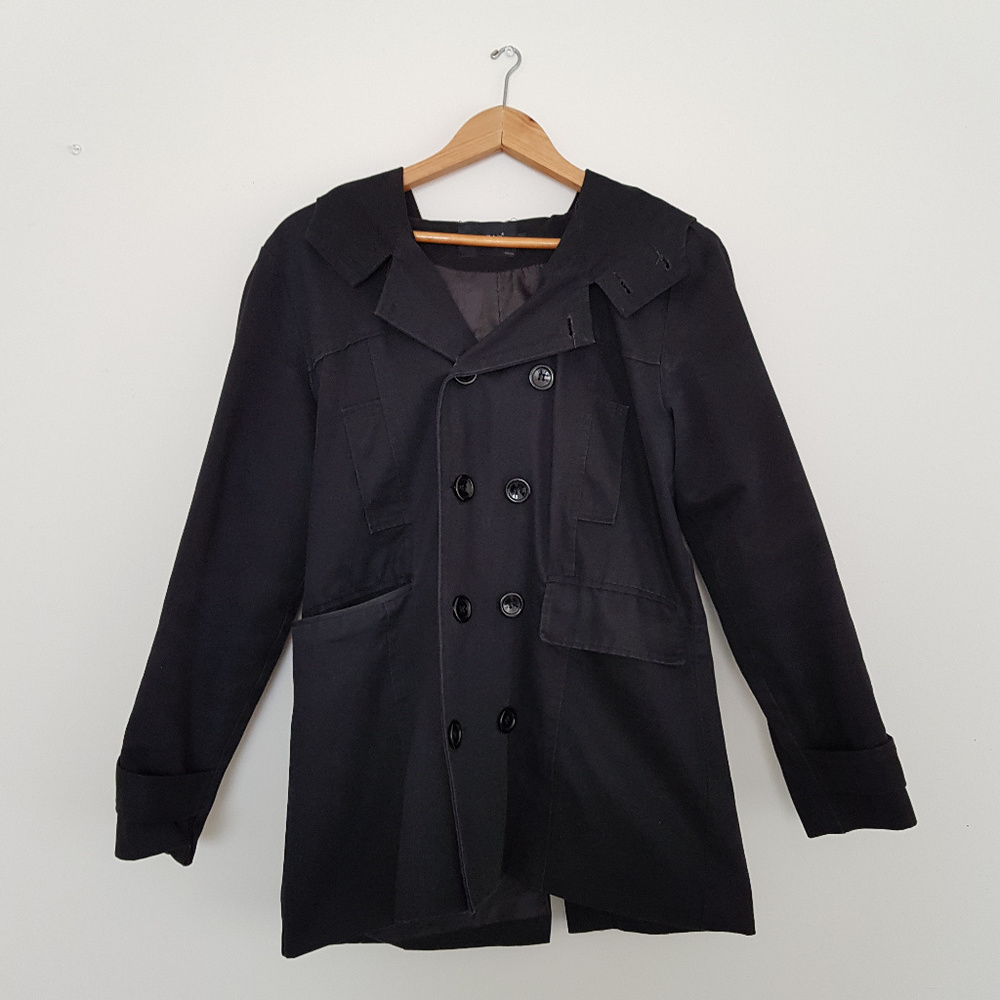 Hooded Peacoat Double Breasted Black